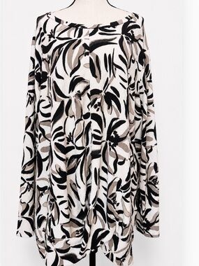 Abstract Neutral Floral Print Tunic Top Long Sleeve Flowy Relaxed Fit Blouse 2X